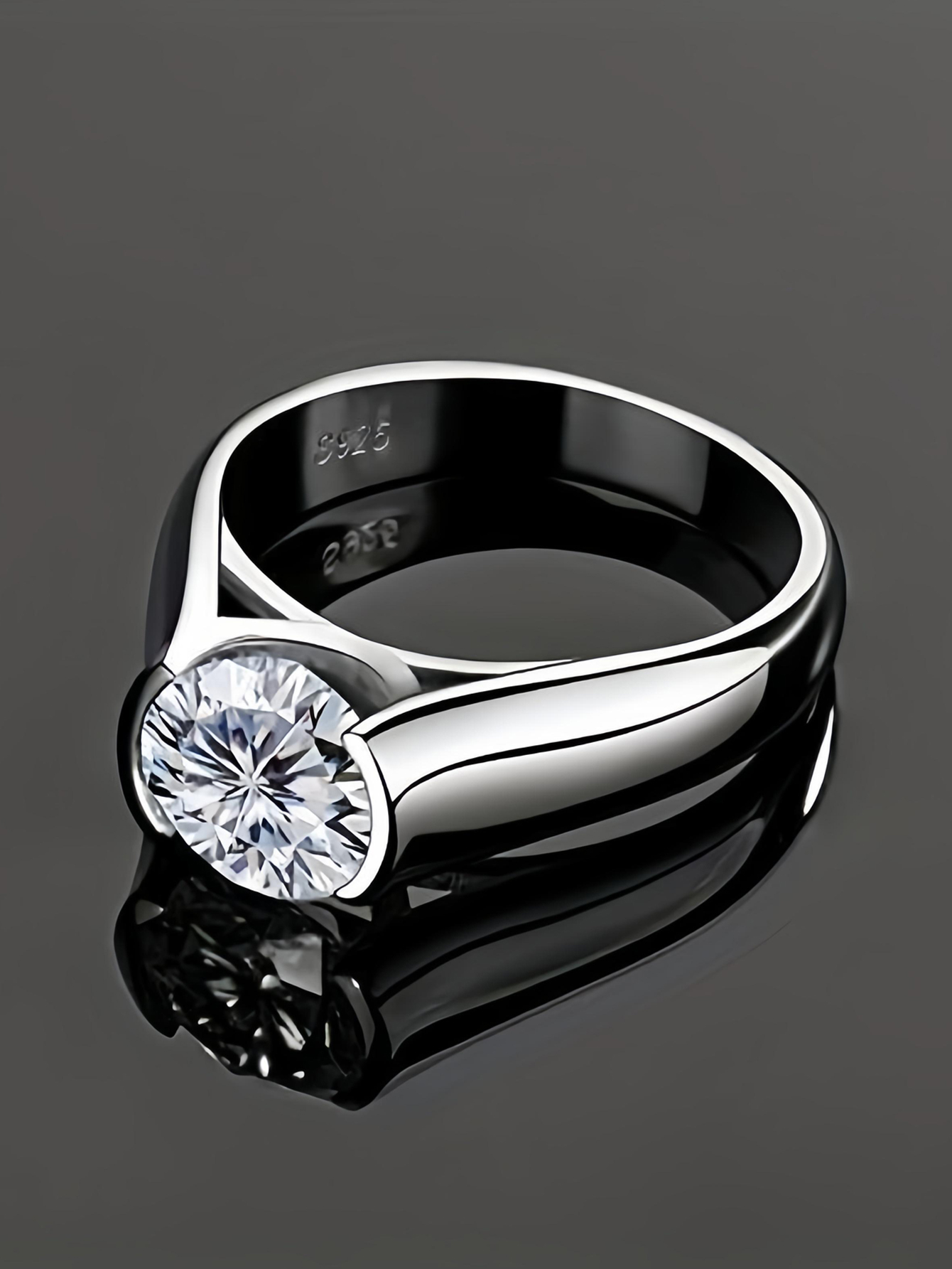 2 Carat Moissanite Half Bezel Set Ring for Women Platinum Plated Silver D color VVS 8mm Moissanite Diamond Solitaire Engagement Promise Band