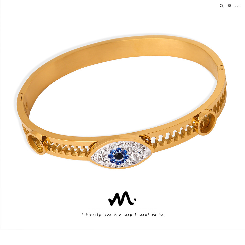 Retro Design Light Luxury Titanium Steel Plated 18K Gold Devil's Eye Set with Diamond Hollow Bracelet