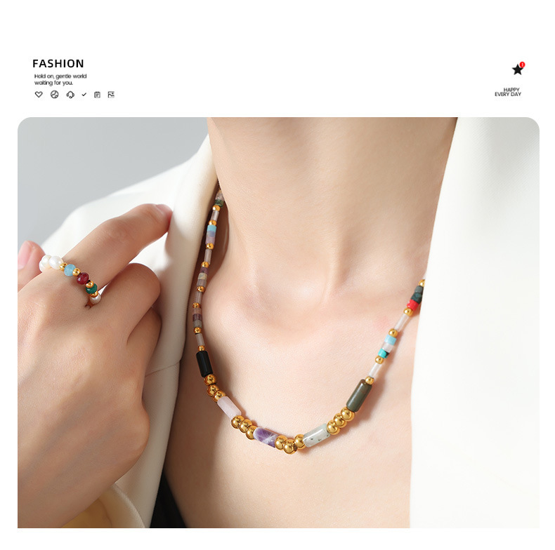 European and American New High end Light Luxury Titanium Steel Gold Plated Natural Crystal Stone Handmade Beaded Necklace