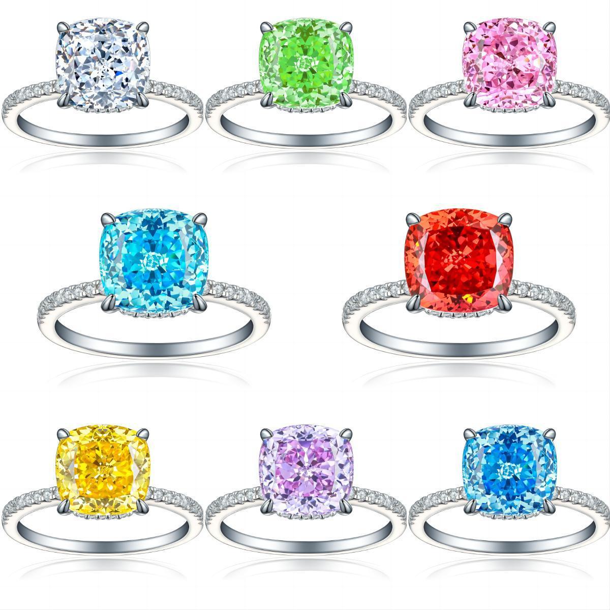 TLR23014  Hot selling 5ct fireworks and ice flower cut high carbon diamond S925 sterling silver ring 10 * 10 fat square colored treasure ring