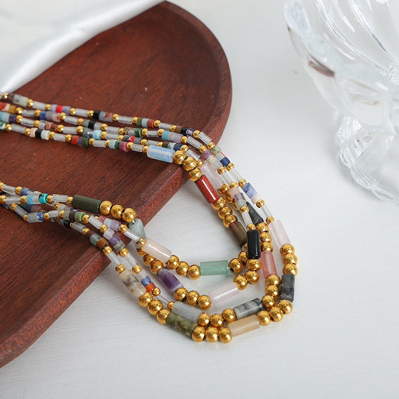 European and American New High end Light Luxury Titanium Steel Gold Plated Natural Crystal Stone Handmade Beaded Necklace