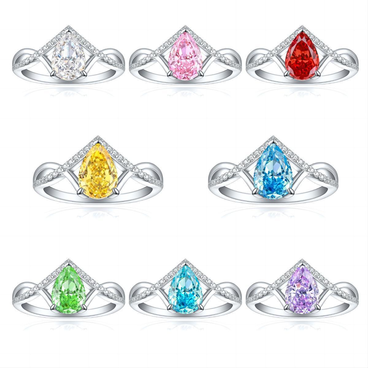 TLR23028  Hot selling S925 sterling silver inlaid high carbon diamond ring for women, pear shaped fireworks, ice flower cut zircon, colorful treasure finger