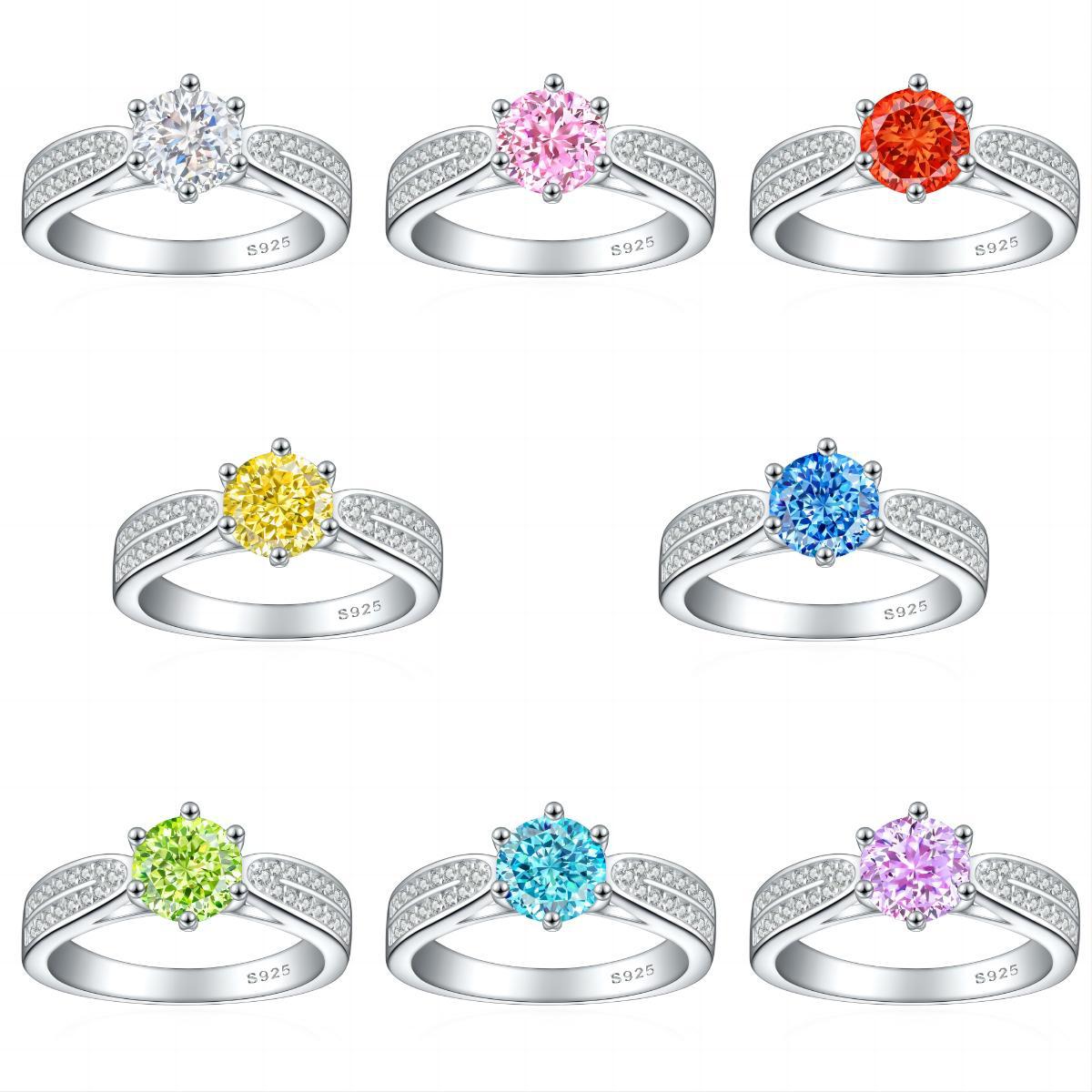 TLR23009  Hot selling S925 silver inlaid high carbon diamond ring, women's classic six claw fireworks, ice flower cut zircon color treasure