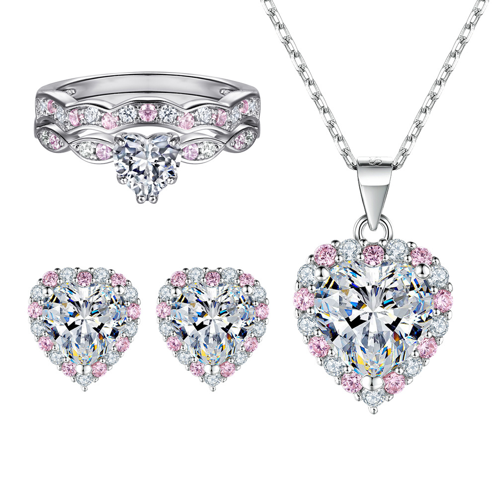 TLTZ178  Heart shaped zircon jewelry set, pink zircon set, European and American earrings, minimalist necklace, S925 sterling silver jewelry set