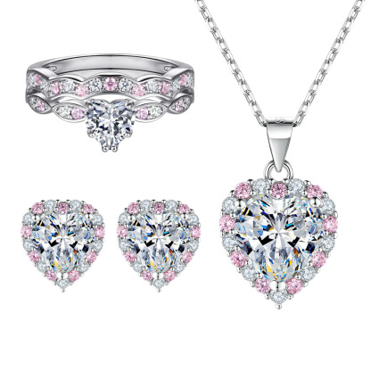 TLTZ178  Heart shaped zircon jewelry set, pink zircon set, European and American earrings, minimalist necklace, S925 sterling silver jewelry set