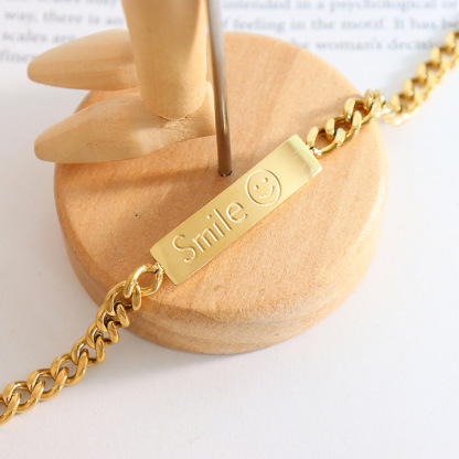 European and American hip-hop bracelets, Instagram style square plaques, coarse chains, titanium steel plated 18k gold, niche smiling face bracelets