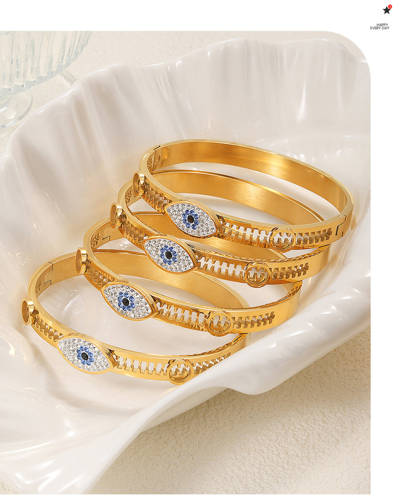 Retro Design Light Luxury Titanium Steel Plated 18K Gold Devil's Eye Set with Diamond Hollow Bracelet