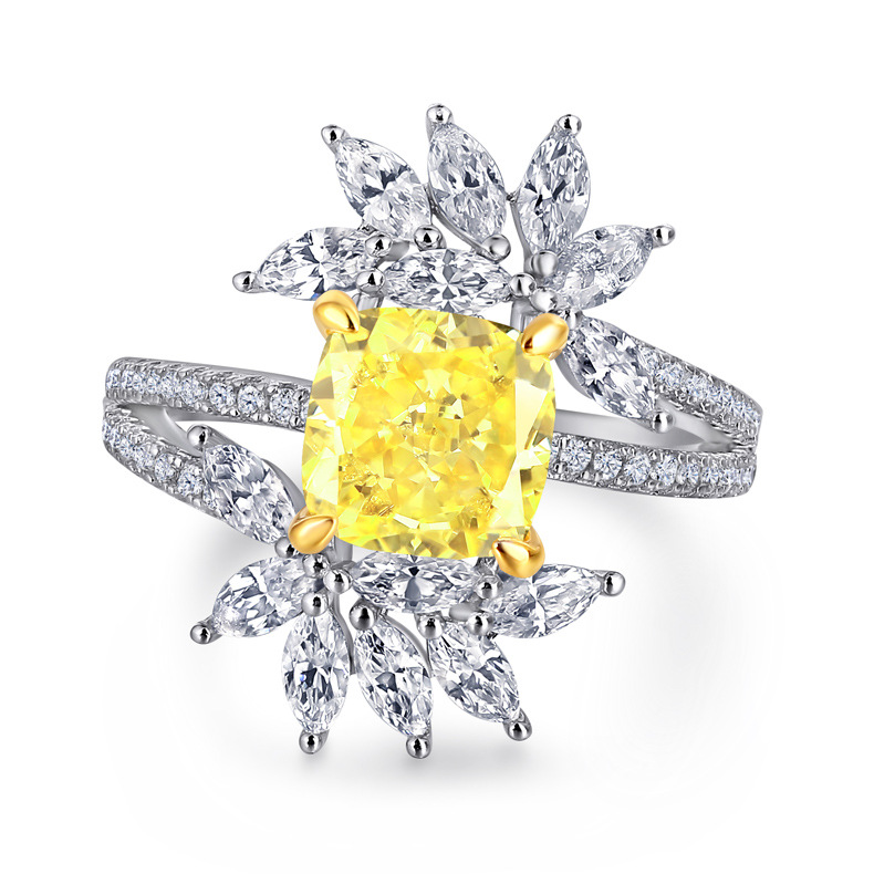 TL-530  European and American cross-border new S925 sterling silver flower shaped high carbon diamond row ring gemstone ring, women's square colored treasure