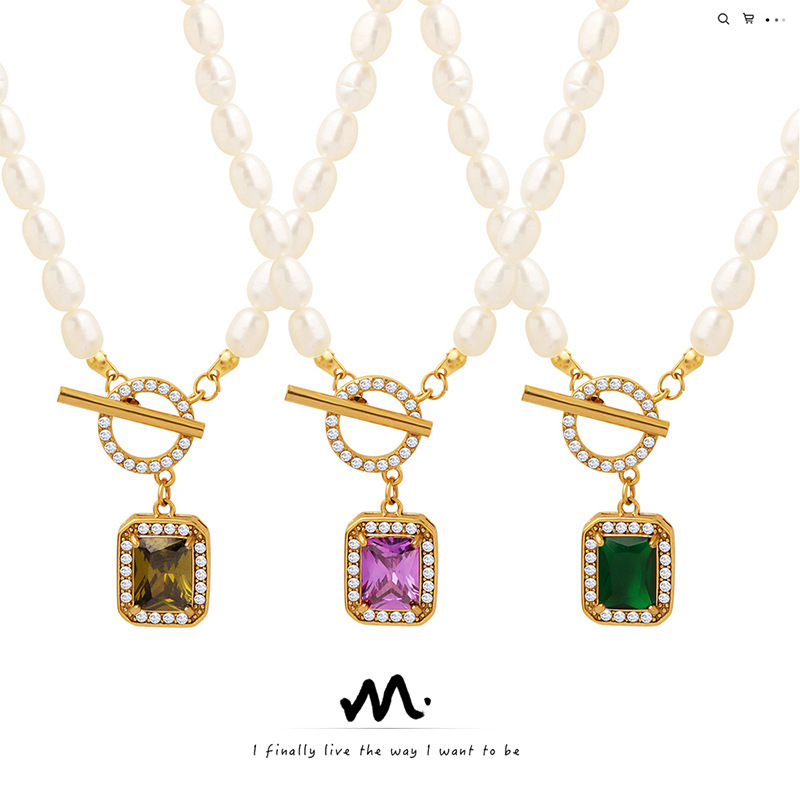 Fashionable and Colorless Freshwater Pearl Collar Chain Set with Zircon Pendant, Titanium Steel Plated 18K Gold OT Buckle Necklace