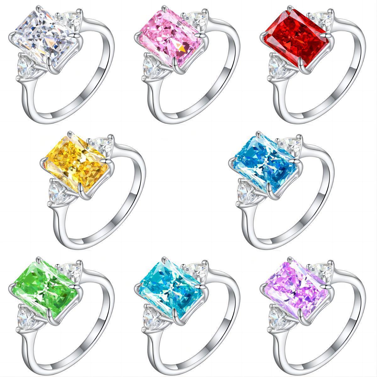 TLR23042  New 925 sterling silver ring for women with 4-carat ice flower cut chamfered rectangular fireworks cut high carbon diamond colored treasure