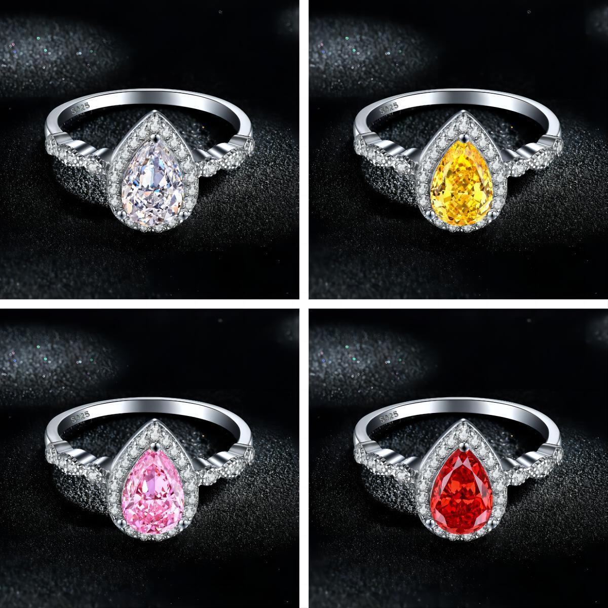 TLR23010  S925 Sterling Silver 8A High Carbon Diamond Ring Women's Pear Set Ring Fireworks Ice Cut Zircon Colored Treasure Ring