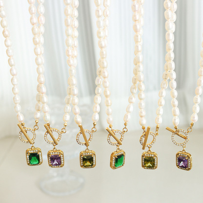 Fashionable and Colorless Freshwater Pearl Collar Chain Set with Zircon Pendant, Titanium Steel Plated 18K Gold OT Buckle Necklace