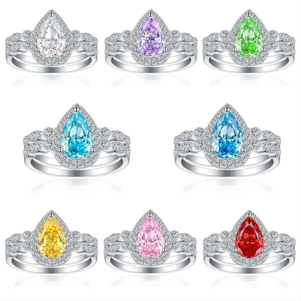 TLR23010  S925 Sterling Silver 8A High Carbon Diamond Ring Women's Pear Set Ring Fireworks Ice Cut Zircon Colored Treasure Ring