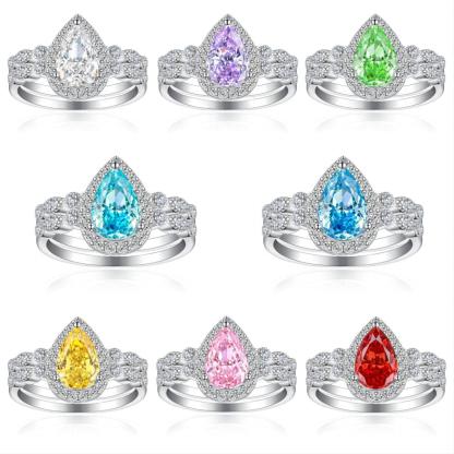 TLR23010  S925 Sterling Silver 8A High Carbon Diamond Ring Women's Pear Set Ring Fireworks Ice Cut Zircon Colored Treasure Ring
