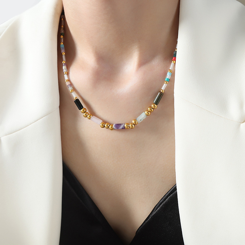 European and American New High end Light Luxury Titanium Steel Gold Plated Natural Crystal Stone Handmade Beaded Necklace