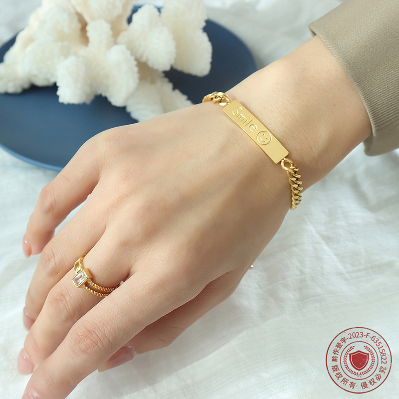 European and American hip-hop bracelets, Instagram style square plaques, coarse chains, titanium steel plated 18k gold, niche smiling face bracelets