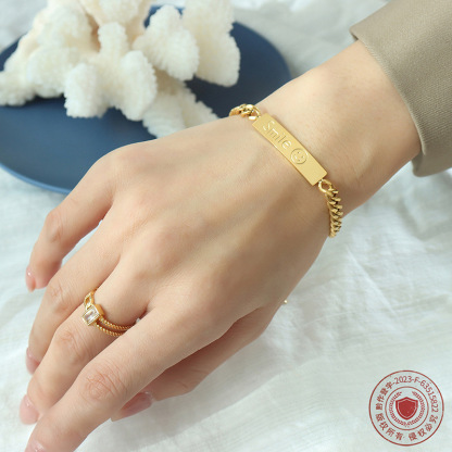European and American hip-hop bracelets, Instagram style square plaques, coarse chains, titanium steel plated 18k gold, niche smiling face bracelets