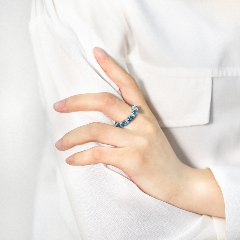 TL-528  Cross border new S925 sterling silver ring, women's flower shaped high carbon diamond, sapphire color, precious silver ring
