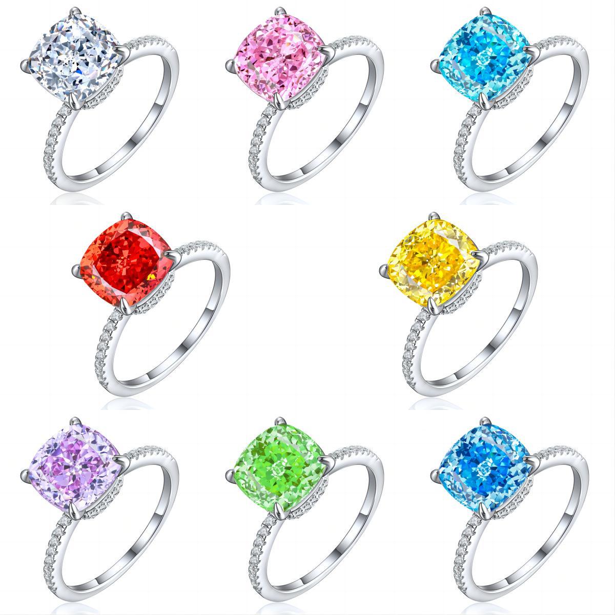 TLR23014  Hot selling 5ct fireworks and ice flower cut high carbon diamond S925 sterling silver ring 10 * 10 fat square colored treasure ring