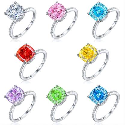 TLR23014  Hot selling 5ct fireworks and ice flower cut high carbon diamond S925 sterling silver ring 10 * 10 fat square colored treasure ring