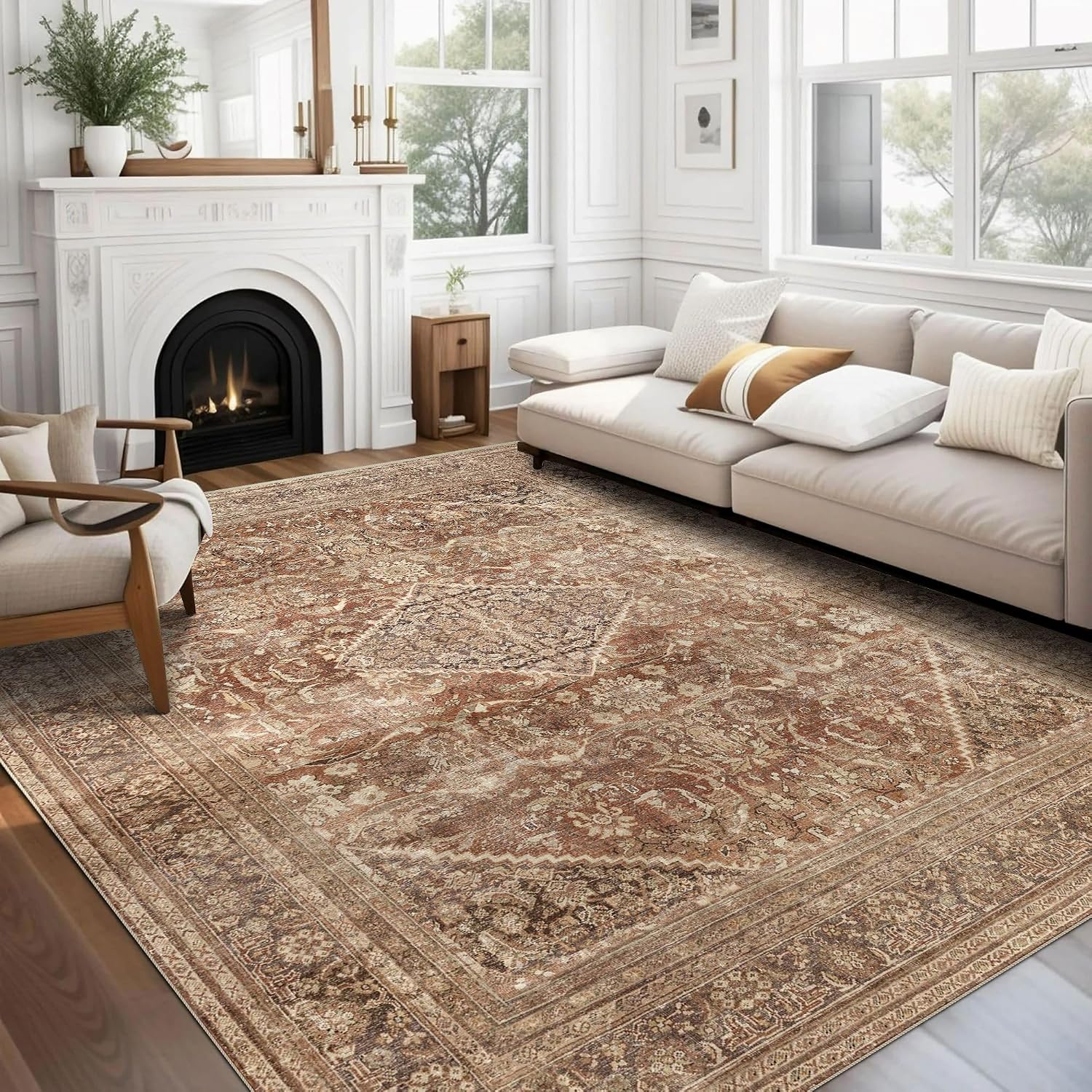 8x10 Area Rugs for Living Room, Non-Slip Backing Washable Rug 8x10, Large Area Rug Soft Carpet for Bedroom Dining Room, Vintage, Easy Clean, Durable, Low Pile Rug Under Table, Earth Tone