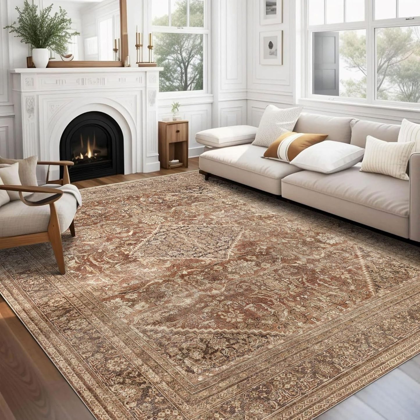 8x10 Area Rugs for Living Room, Non-Slip Backing Washable Rug 8x10, Large Area Rug Soft Carpet for Bedroom Dining Room, Vintage, Easy Clean, Durable, Low Pile Rug Under Table, Earth Tone
