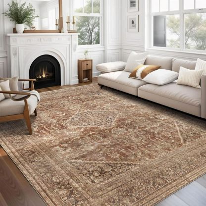 8x10 Area Rugs for Living Room, Non-Slip Backing Washable Rug 8x10, Large Area Rug Soft Carpet for Bedroom Dining Room, Vintage, Easy Clean, Durable, Low Pile Rug Under Table, Earth Tone