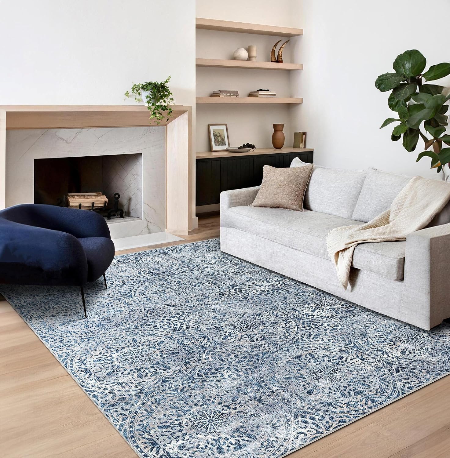 8x10 Area Rugs for Living Room, Non-Slip Backing Washable Blue Rug 8x10, Large Area Rug Soft Carpet for Bedroom Dining Room, Vintage, Easy Clean, Durable, Low Pile Rug Under Table