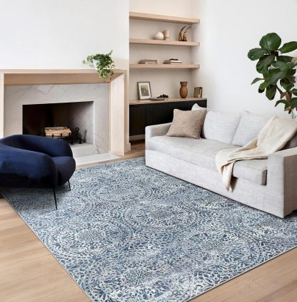 8x10 Area Rugs for Living Room, Non-Slip Backing Washable Blue Rug 8x10, Large Area Rug Soft Carpet for Bedroom Dining Room, Vintage, Easy Clean, Durable, Low Pile Rug Under Table
