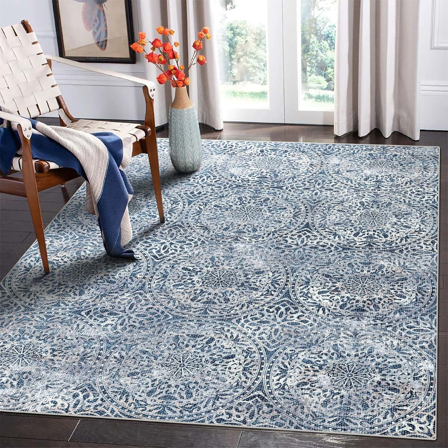8x10 Area Rugs for Living Room, Non-Slip Backing Washable Blue Rug 8x10, Large Area Rug Soft Carpet for Bedroom Dining Room, Vintage, Easy Clean, Durable, Low Pile Rug Under Table