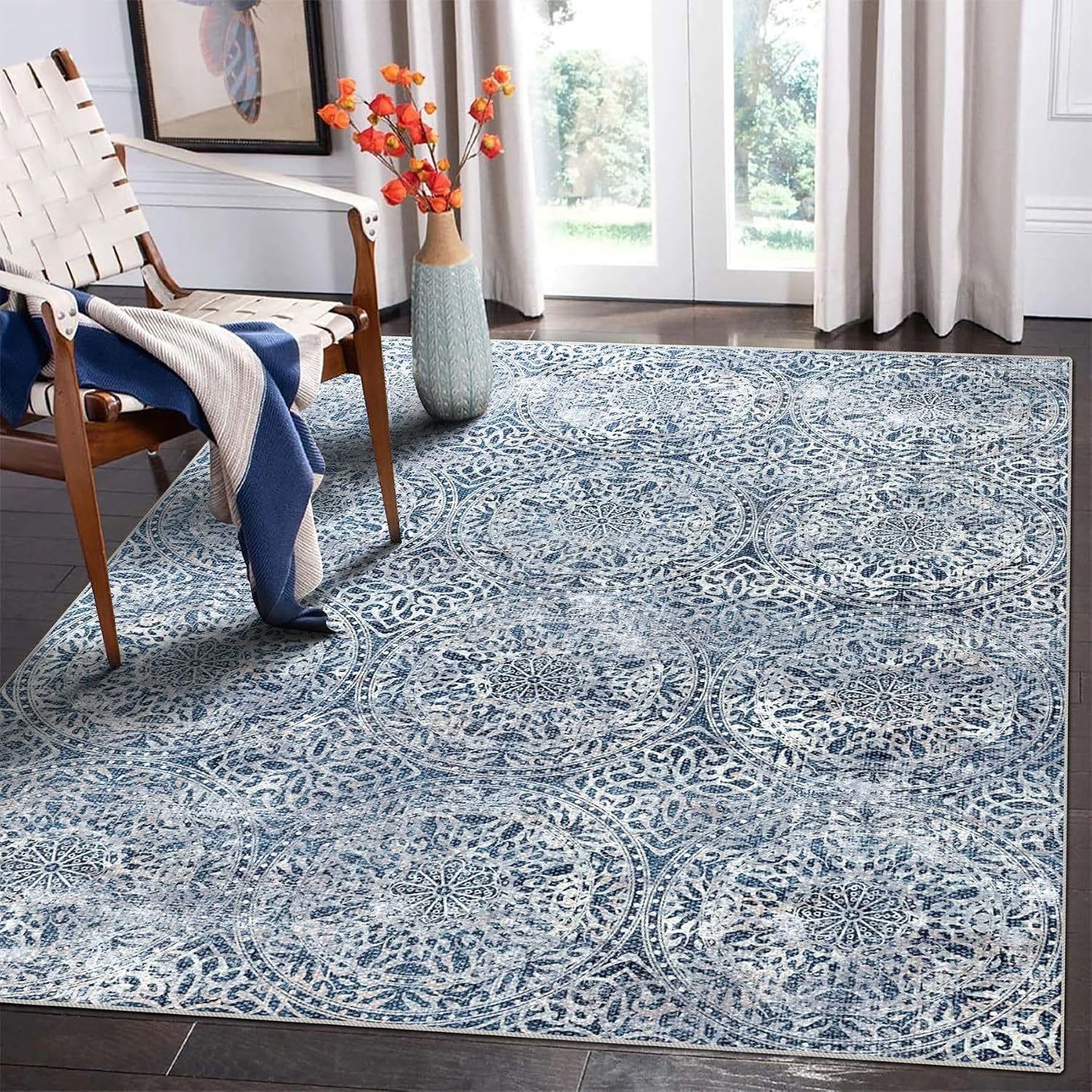 8x10 Area Rugs for Living Room, Non-Slip Backing Washable Blue Rug 8x10, Large Area Rug Soft Carpet for Bedroom Dining Room, Vintage, Easy Clean, Durable, Low Pile Rug Under Table