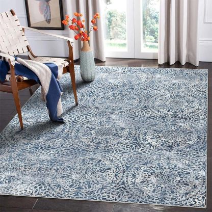 8x10 Area Rugs for Living Room, Non-Slip Backing Washable Blue Rug 8x10, Large Area Rug Soft Carpet for Bedroom Dining Room, Vintage, Easy Clean, Durable, Low Pile Rug Under Table