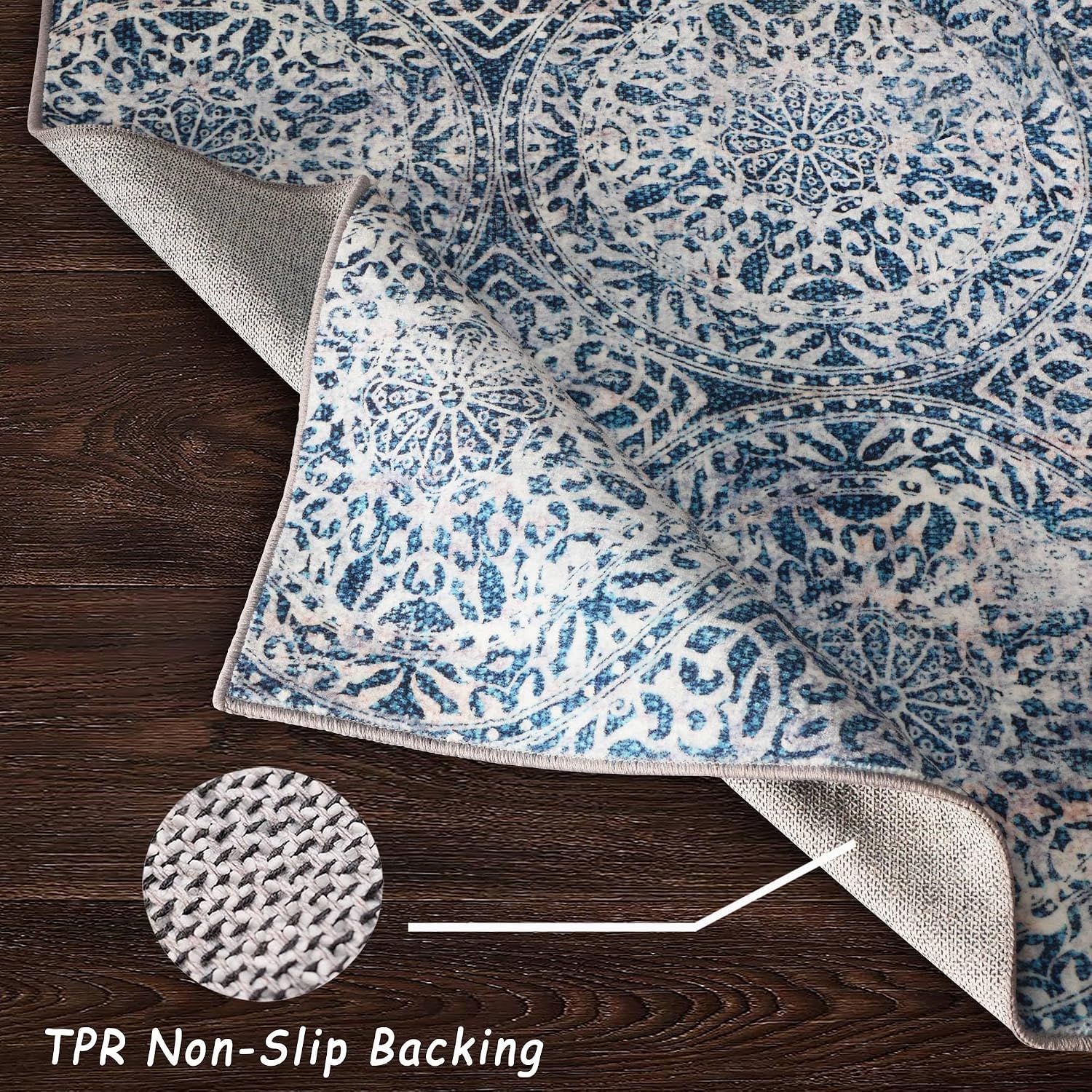 8x10 Area Rugs for Living Room, Non-Slip Backing Washable Blue Rug 8x10, Large Area Rug Soft Carpet for Bedroom Dining Room, Vintage, Easy Clean, Durable, Low Pile Rug Under Table