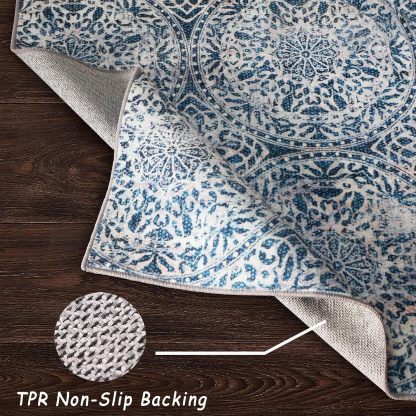 8x10 Area Rugs for Living Room, Non-Slip Backing Washable Blue Rug 8x10, Large Area Rug Soft Carpet for Bedroom Dining Room, Vintage, Easy Clean, Durable, Low Pile Rug Under Table