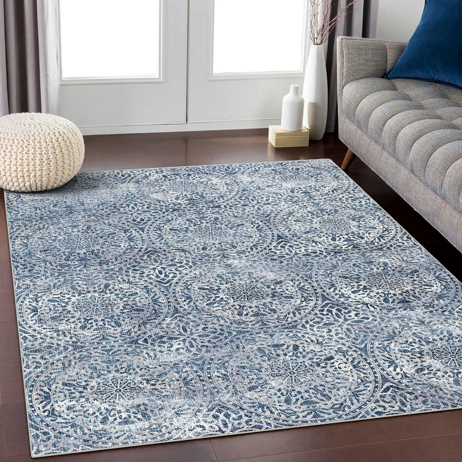 8x10 Area Rugs for Living Room, Non-Slip Backing Washable Blue Rug 8x10, Large Area Rug Soft Carpet for Bedroom Dining Room, Vintage, Easy Clean, Durable, Low Pile Rug Under Table