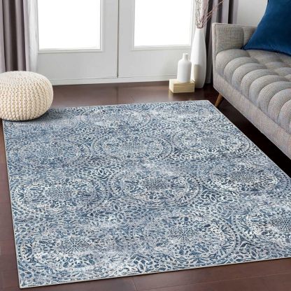 8x10 Area Rugs for Living Room, Non-Slip Backing Washable Blue Rug 8x10, Large Area Rug Soft Carpet for Bedroom Dining Room, Vintage, Easy Clean, Durable, Low Pile Rug Under Table