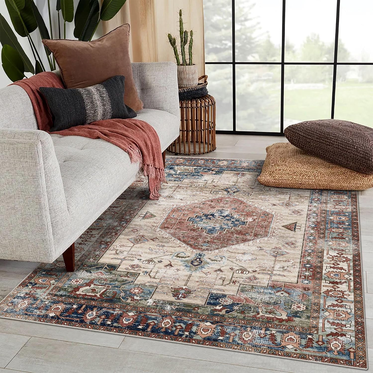 Brick Red/ Navy Rugs for Living Room, Non-Slip Backing Washable Rug, Large Area Rug Soft Carpet for Bedroom Dining Room, Vintage, Easy Clean, Durable, Low Pile Rug Under Table