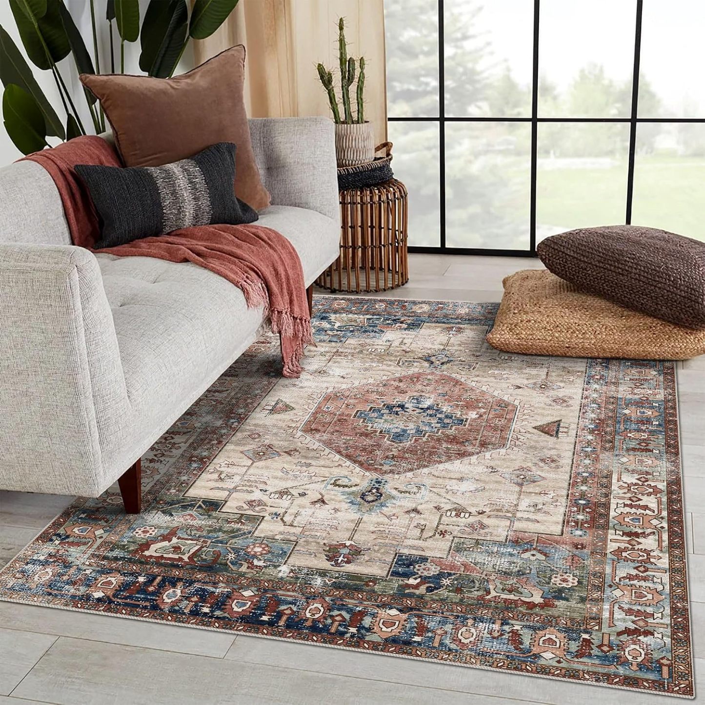 Brick Red/ Navy Rugs for Living Room, Non-Slip Backing Washable Rug, Large Area Rug Soft Carpet for Bedroom Dining Room, Vintage, Easy Clean, Durable, Low Pile Rug Under Table