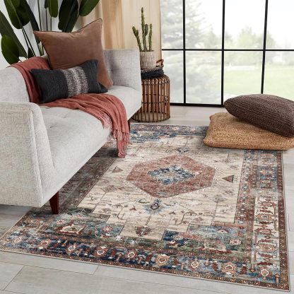 Brick Red/ Navy Rugs for Living Room, Non-Slip Backing Washable Rug, Large Area Rug Soft Carpet for Bedroom Dining Room, Vintage, Easy Clean, Durable, Low Pile Rug Under Table