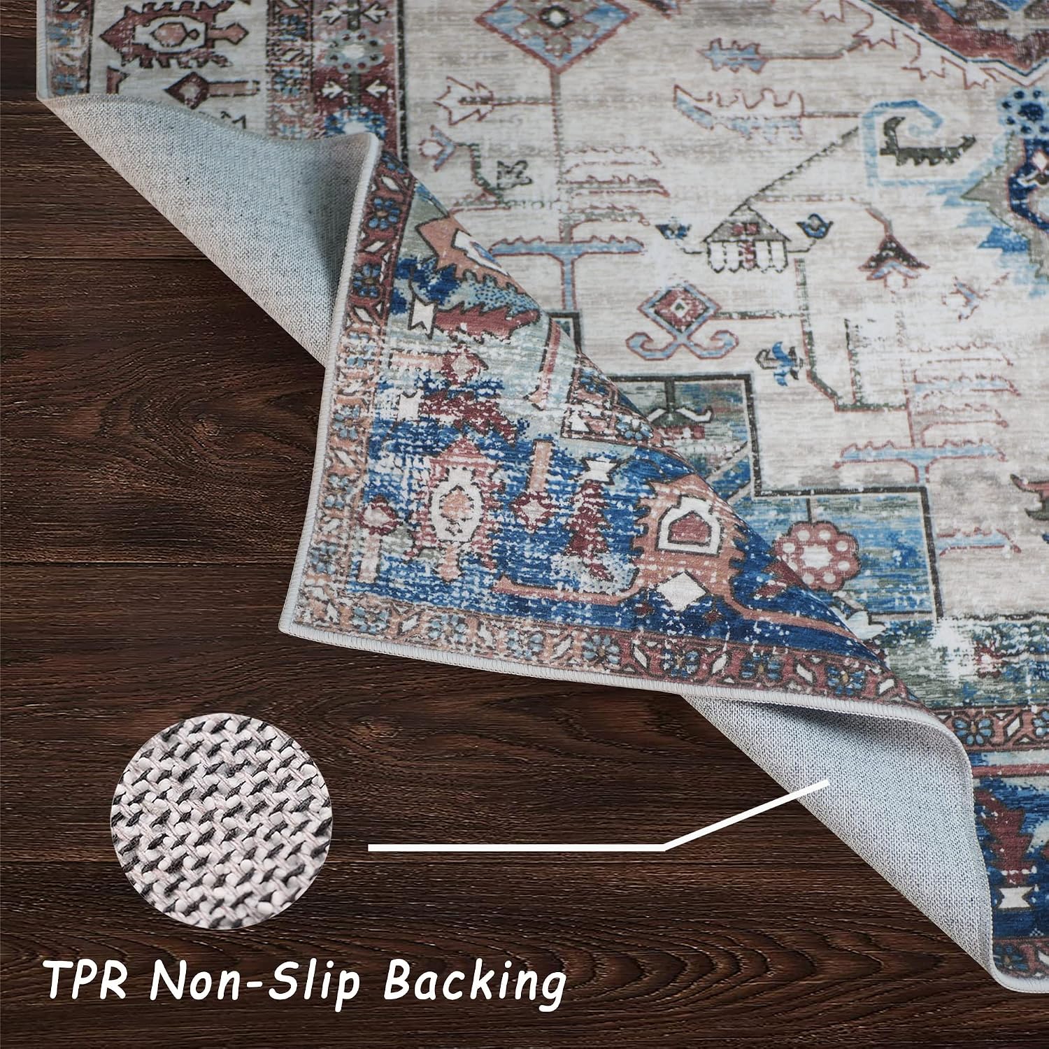 Brick Red/ Navy Rugs for Living Room, Non-Slip Backing Washable Rug, Large Area Rug Soft Carpet for Bedroom Dining Room, Vintage, Easy Clean, Durable, Low Pile Rug Under Table