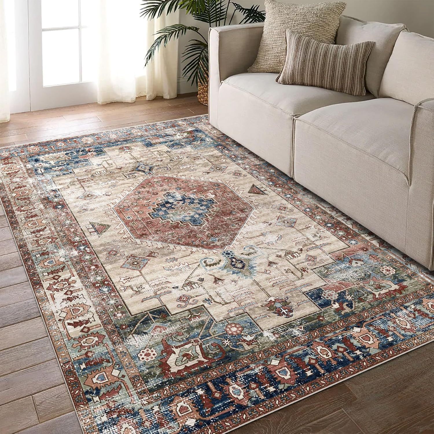 Brick Red/ Navy Rugs for Living Room, Non-Slip Backing Washable Rug, Large Area Rug Soft Carpet for Bedroom Dining Room, Vintage, Easy Clean, Durable, Low Pile Rug Under Table