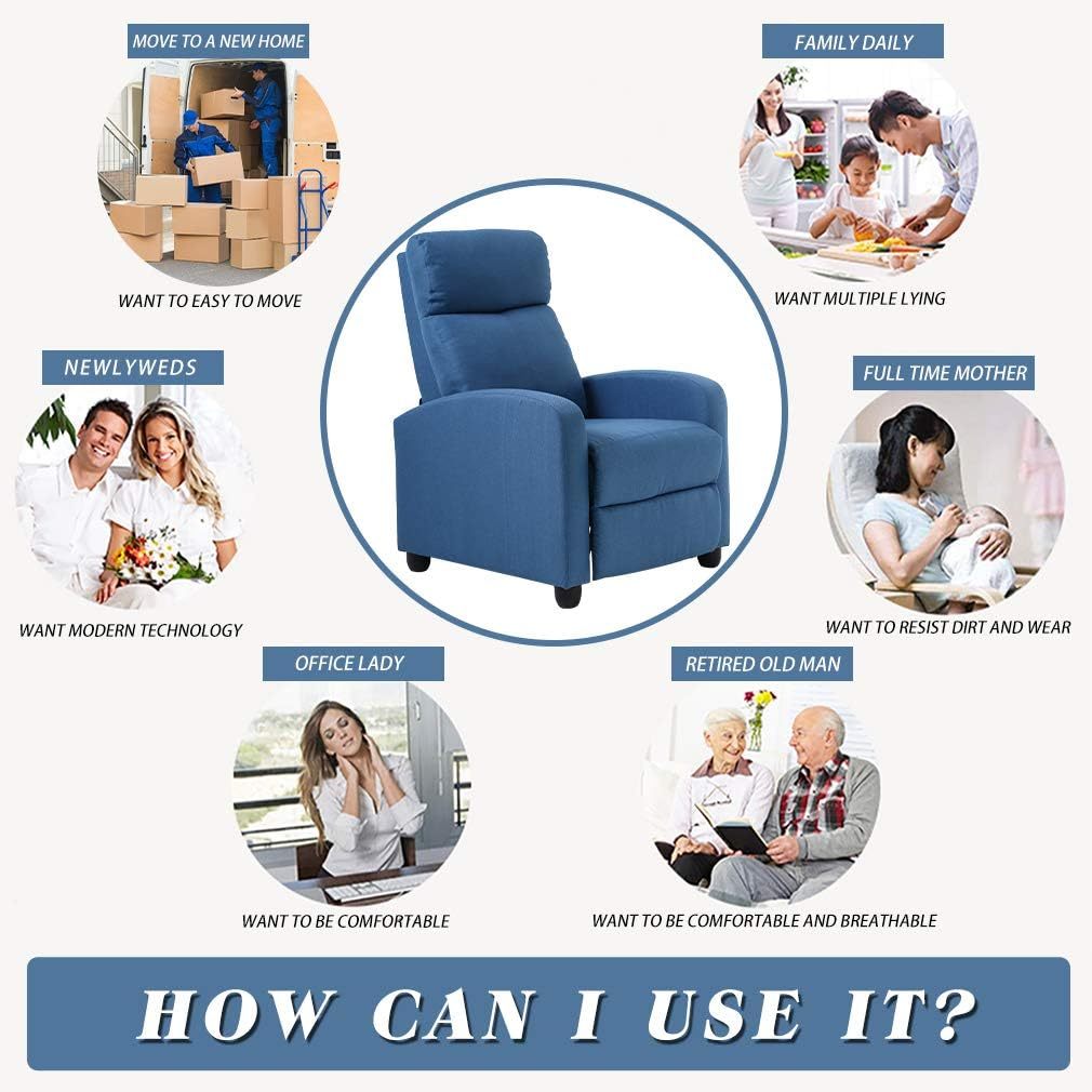 CaliFox Recliner Chair for Living Room Home Theater Seating Single Reclining Sofa Lounge with Padded Seat Backrest (Blue)