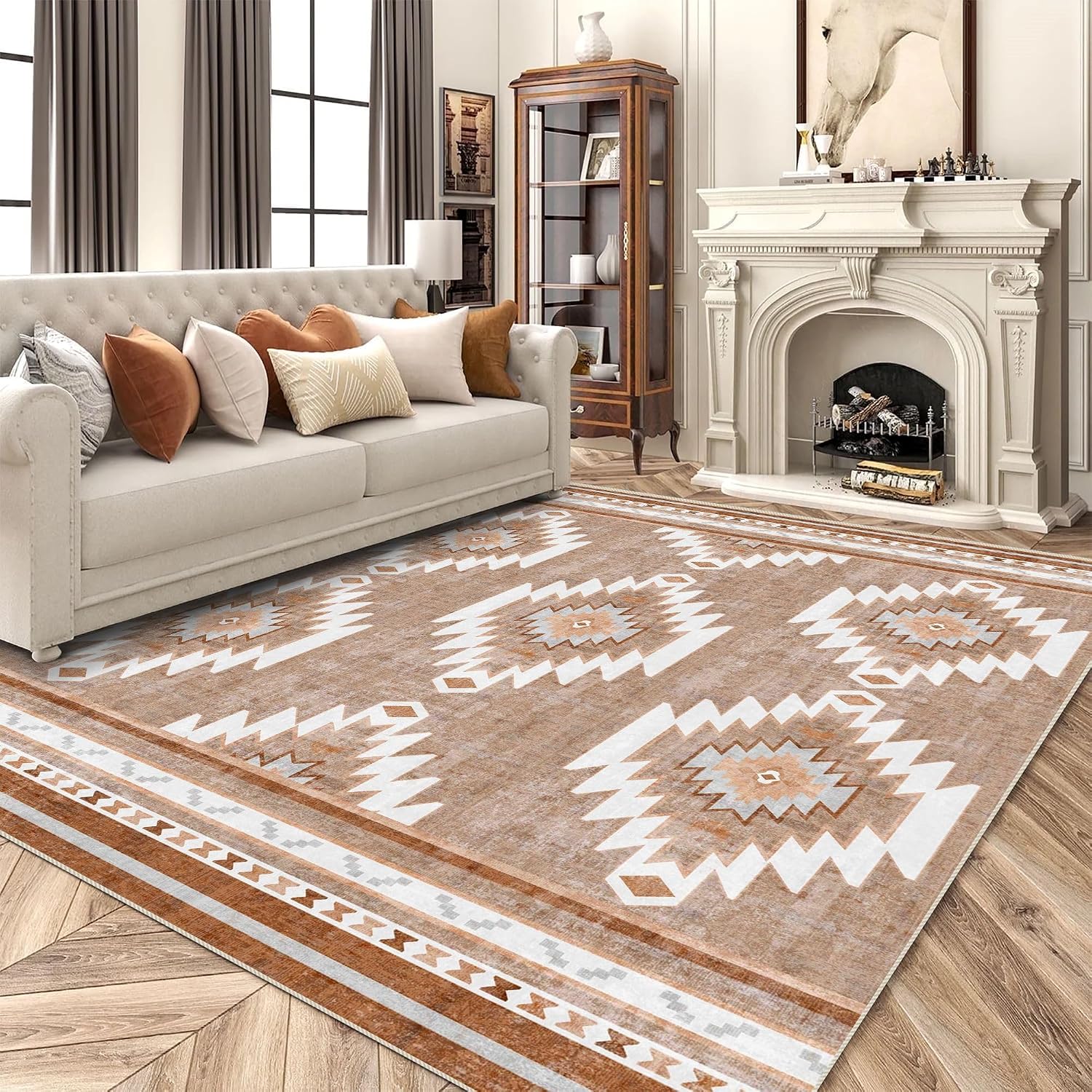 Camel Rugs for Living Room, Non-Slip Backing Washable Rug, Large Area Rug Soft Carpet for Bedroom Dining Room, Vintage, Easy Clean, Durable, Low Pile Rug Under Table