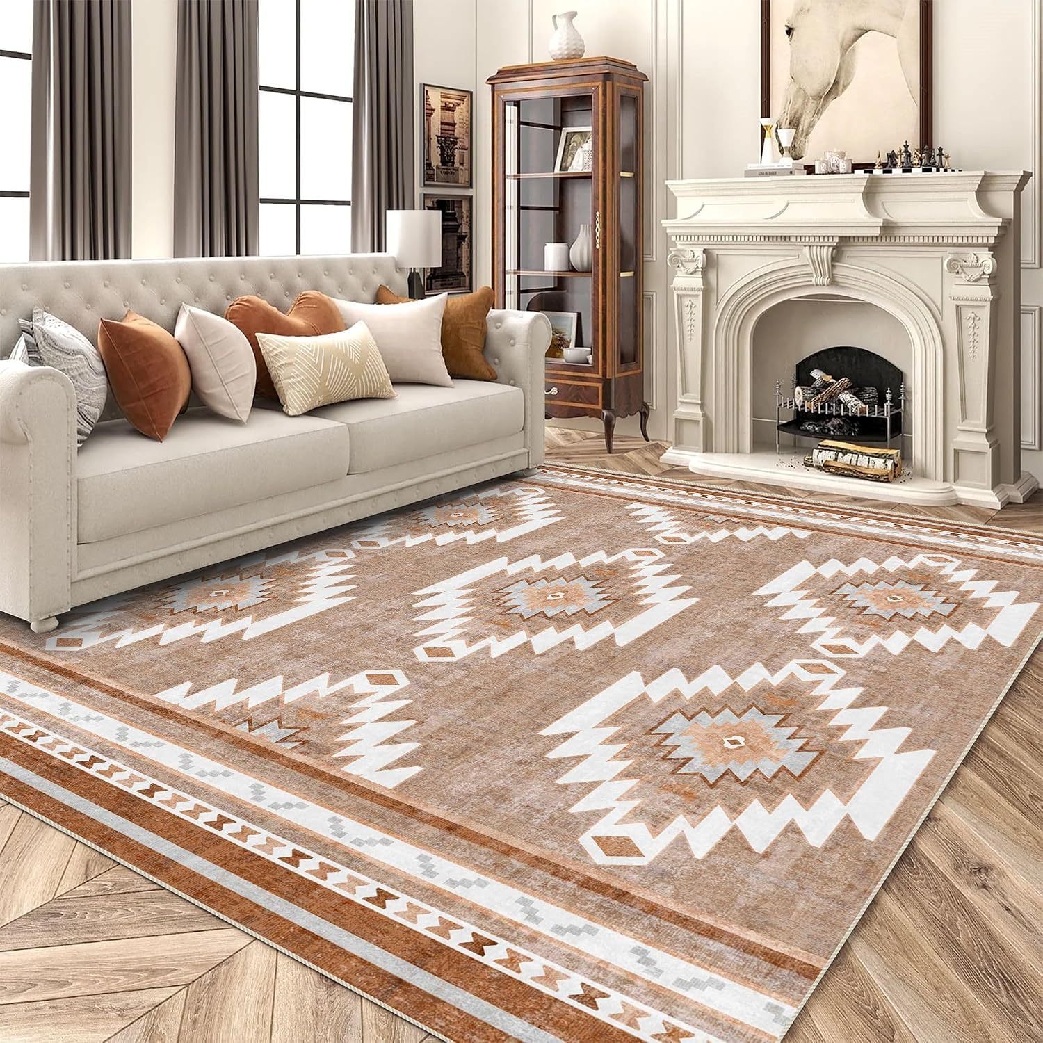 Camel Rugs for Living Room, Non-Slip Backing Washable Rug, Large Area Rug Soft Carpet for Bedroom Dining Room, Vintage, Easy Clean, Durable, Low Pile Rug Under Table