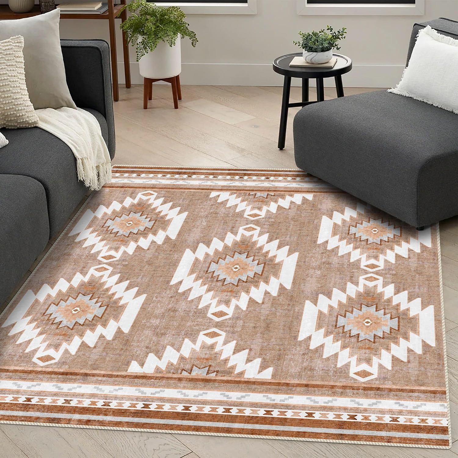 Camel Rugs for Living Room, Non-Slip Backing Washable Rug, Large Area Rug Soft Carpet for Bedroom Dining Room, Vintage, Easy Clean, Durable, Low Pile Rug Under Table
