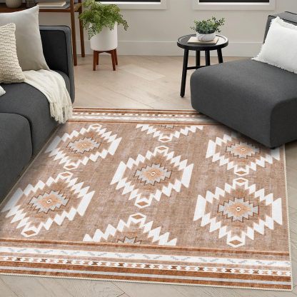 Camel Rugs for Living Room, Non-Slip Backing Washable Rug, Large Area Rug Soft Carpet for Bedroom Dining Room, Vintage, Easy Clean, Durable, Low Pile Rug Under Table