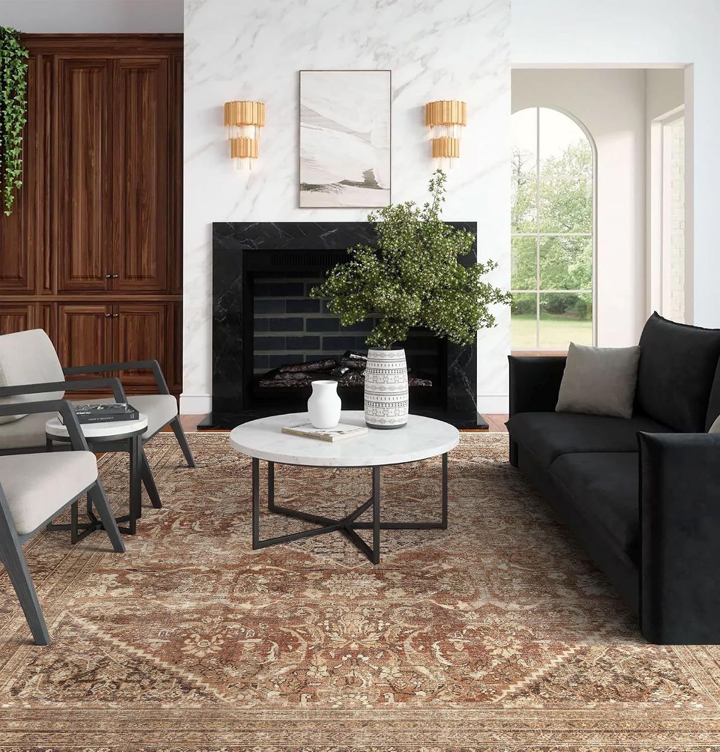 8x10 Area Rugs for Living Room, Non-Slip Backing Washable Rug 8x10, Large Area Rug Soft Carpet for Bedroom Dining Room, Vintage, Easy Clean, Durable, Low Pile Rug Under Table, Earth Tone