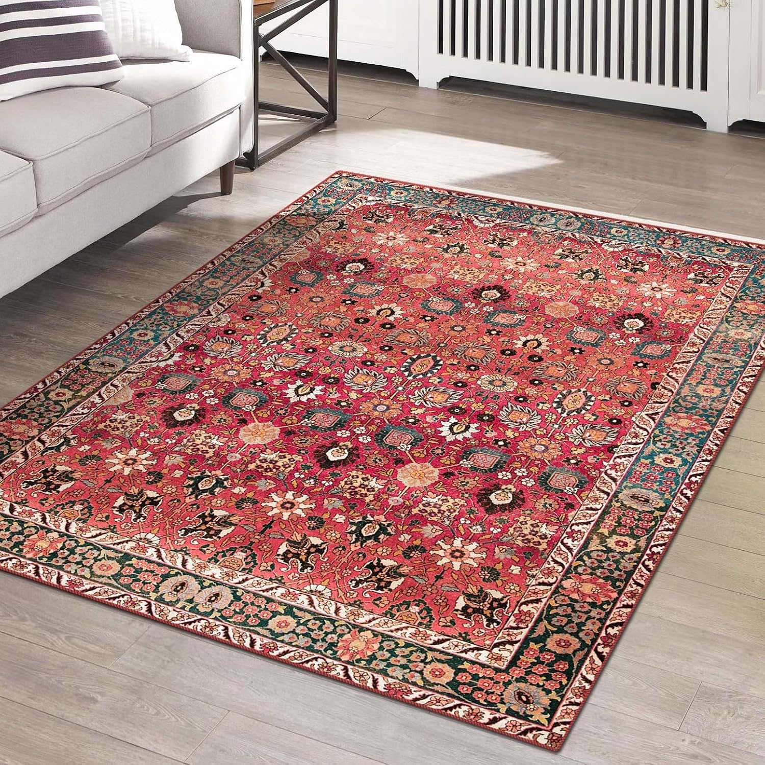 Cherry Red/Spice Rugs for Living Room, Non-Slip Backing Washable Rug, Large Area Rug Soft Carpet for Bedroom Dining Room, Vintage, Easy Clean, Durable, Low Pile Rug Under Table