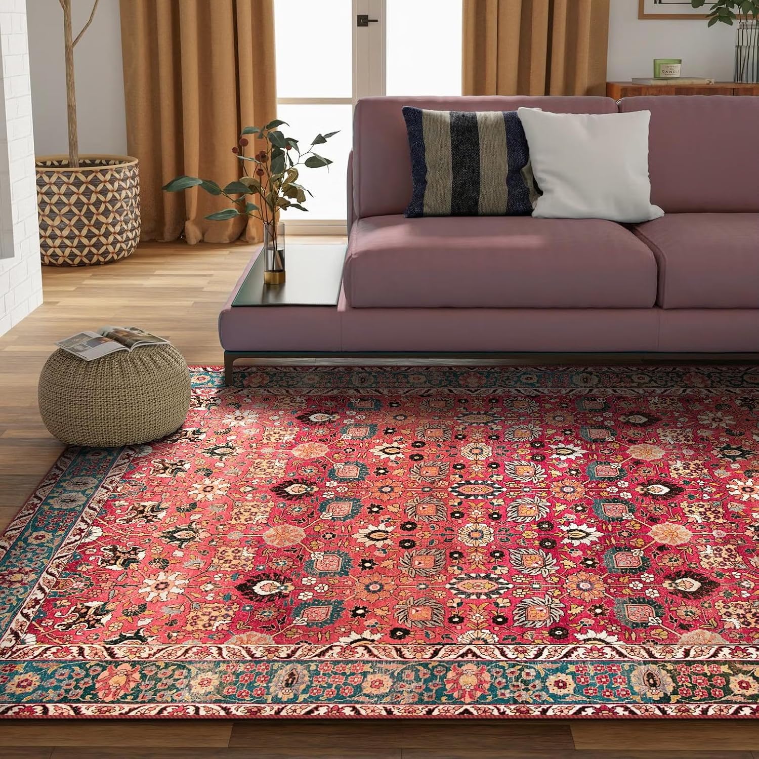 Cherry Red/Spice Rugs for Living Room, Non-Slip Backing Washable Rug, Large Area Rug Soft Carpet for Bedroom Dining Room, Vintage, Easy Clean, Durable, Low Pile Rug Under Table