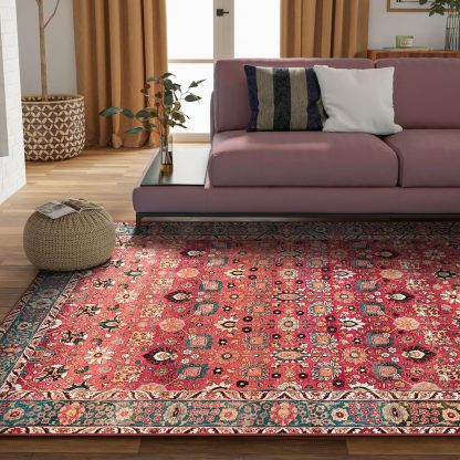 Cherry Red/Spice Rugs for Living Room, Non-Slip Backing Washable Rug, Large Area Rug Soft Carpet for Bedroom Dining Room, Vintage, Easy Clean, Durable, Low Pile Rug Under Table